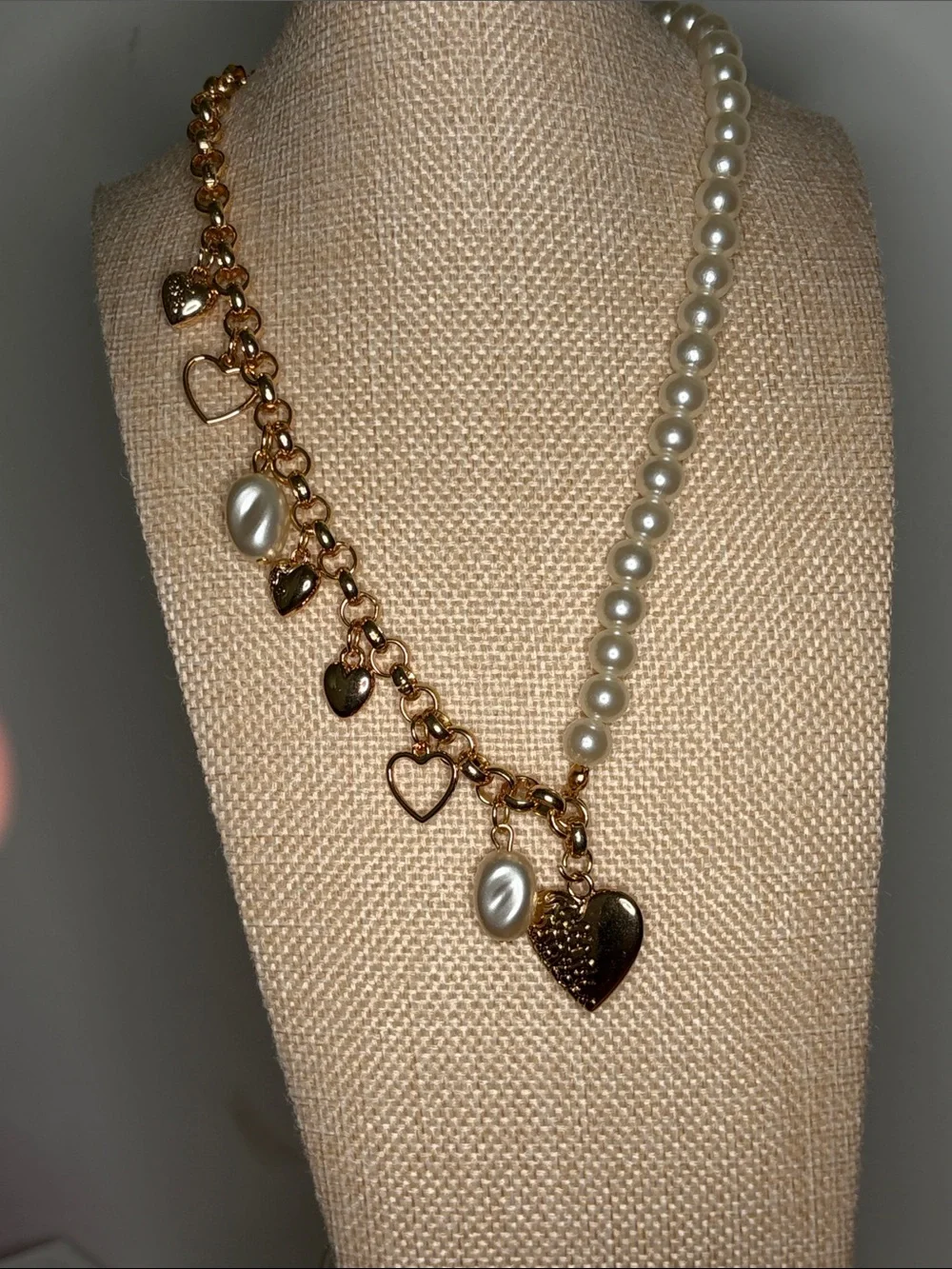 paparazzi Gold Tone Heart Charm & Pearl Mixed-Strand Necklace & earrings